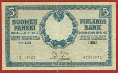 BANK OF FINLAND 1909(1918) 5 MARKAA PEOPLES COMMISSARIAT ISSUE (P-20a.1) CH VF - Image 1 of 2