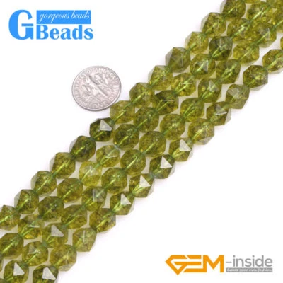Dyed Green Peridot Crystal Quartz Beads Faceted Stone Polygonal Loose Beads 15" - Image 1 of 4