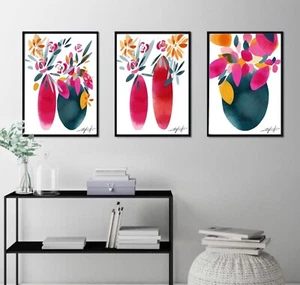 Helle Blumenvase Abstrakt Wildblume Botanisch Küche Farbe Pop 3er Set - Bild 1 von 6