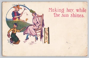 Postcard "Making hay while the son shines" humor c 1908 - Picture 1 of 2