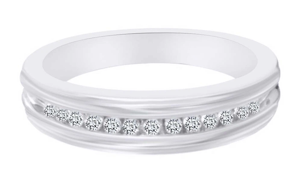 Anillo de boda de diamantes de 0,10 quilates para hombre enchapado en oro de 14 quilates con montura de canal de plata Foto 1 de 1