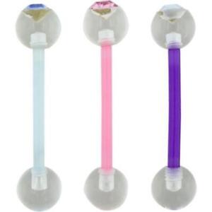 Hot Silver Crystal Accent Pastel 14G Plastic Tongue Ring Set
