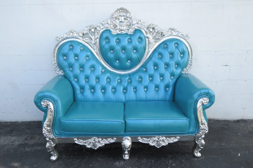 洛可法国重型雕刻银叶水钻大号高沙发长椅3605 — 第 1/4 张图片
