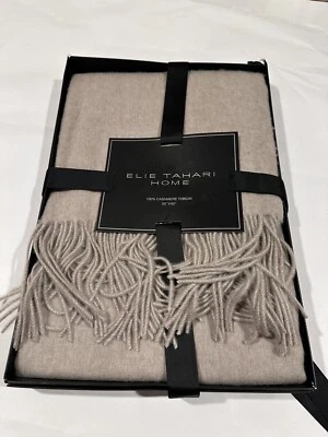 Elie Tahari Home Pure 100% 羊绒条纹毛毯 50x60 全新 米色 250 美元 — 第 1/4 张图片