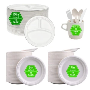 Strong Round Bagasse Plates Sugarcane Disposable Party Biodegradable 7 - 12 Inch - Picture 1 of 66