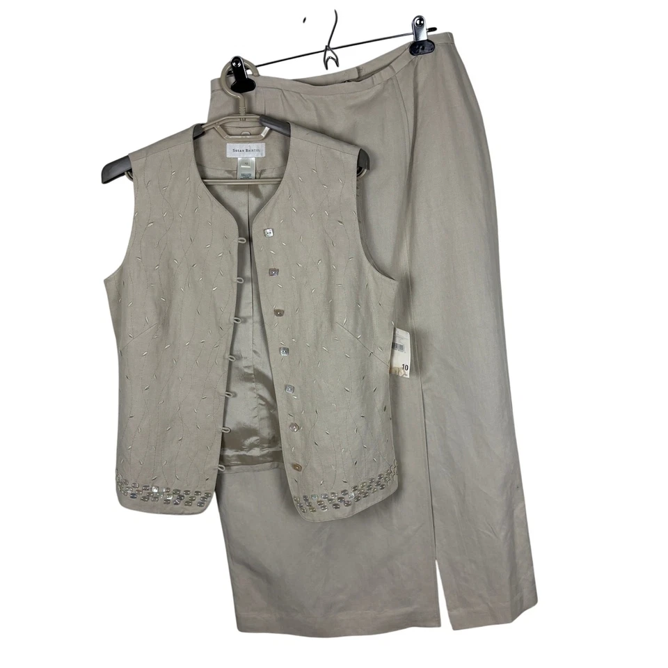 Conjunto Chaleco Susan Bristol Beige Lino Cuentas 10 Faldas 12 DE COLECCIÓN Inventario Muerto Nuevo Con Etiquetas  Foto 1 de 4