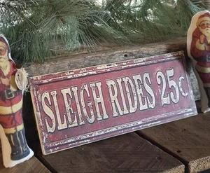 Nostalgic Rustic Sleigh Rides Christmas Wood SIGN Farmhouse Primitive  13 X 5  - Picture 1 of 6