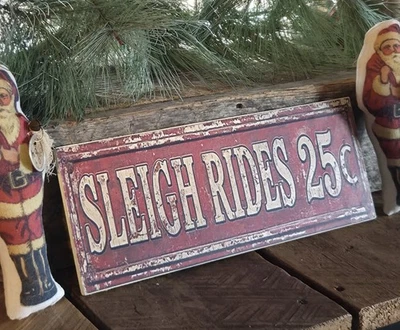 Nostalgic Rustic Sleigh Rides Christmas Wood SIGN Farmhouse Primitive  13 X 5  - Image 1 of 4