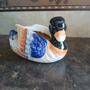 Ceramic Detailed Duck Planter Horsehead S Stamped JAPAN 3 1/2" Cottage Lodge - Picture 1 of 13