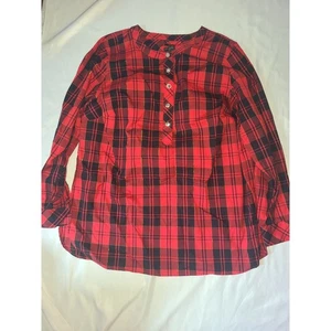 Talbots Red Plaid Blouse Size 1X No Iron Gold Accents Top Button Up Long Sleeve - Picture 1 of 24