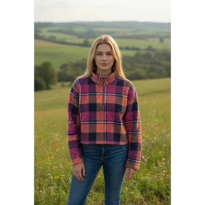 Jaqueta cropped feminina American Eagle xadrez lã quarto de zíper rosa laranja azul - Imagem 1 de 4