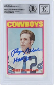 Roger Staubach Cowboys Signed 1972 Topps #200 Beckett 10 Rookie Card w/HOF Insc - Picture 1 of 3