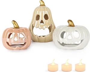 Keramik Kürbis mit 3 Teelichtern Kerzenhalter 3er Set Halloween Deko - Bild 1 von 6