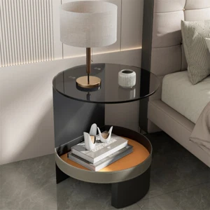 High-end Glass Coffee Table w/ Saddle Leather Shelf Side End Table Bedside Table - Picture 1 of 16