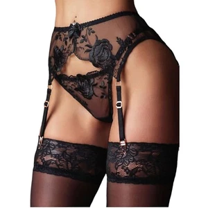 Damen Strumpfhalter Strapsgürtel Hüfthalter Spitze Verstellbar G-string Schwarz - Bild 1 von 1