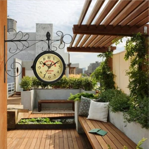 Outdoor Garden Station Wall Clock Outside Retro Double Sided Bracket Round - Picture 1 of 13