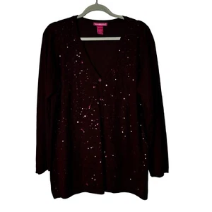 Woman Within Sweater Womens Large Burgundy Button Up Sequins Sparkle Long Sleeve - Picture 1 of 11