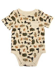 Infant Boys Tan Safari Animal Print Elephant Giraffe Tiger Pocket Bodysuit 0-3m - Picture 1 of 1