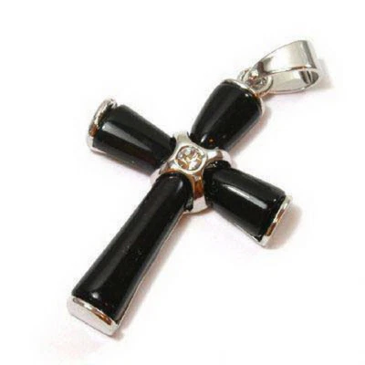 Real Black Agate Onyx 18KWGP Crystal Cross Xmas Talisman Pendant Chain Necklace - Image 1 of 4