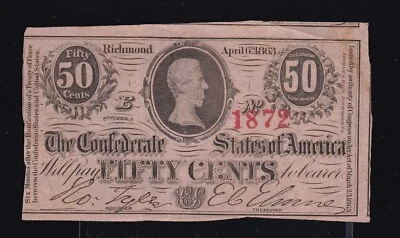US 1863 50c CSA T-63 Confederate States Bank Note VF-XF (872) - Image 1 of 2