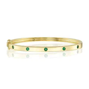 14K Yellow Gold Emerald Bangle Bracelet Natural Bezel Round Cut 0.38 CT Gemstone - Picture 1 of 5