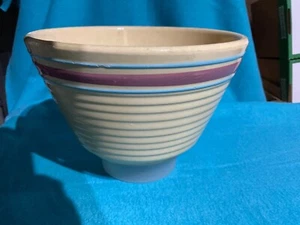 Vintage WATT Rührschüssel #8 OFENWARE Steinzeug gelb rosa & blaue Bänder gerippt - Bild 1 von 7