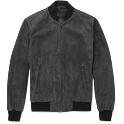 Men Gray Pure Suede Leather Jacket Flight Bomber Size S M L XL XXL Custom Made - Image 1 of 4