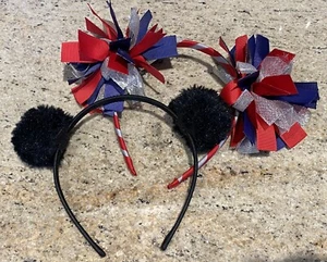 Fun Pom Pom Red Blue Ribbon Black Faux Fur Headbands - Picture 1 of 5
