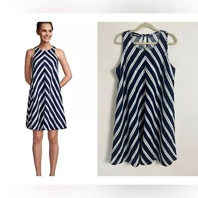 Lands' End 100% Linen Deep Blue Navy Stripe Sleeveless Nautical Tent Dress LP - Image 1 of 4