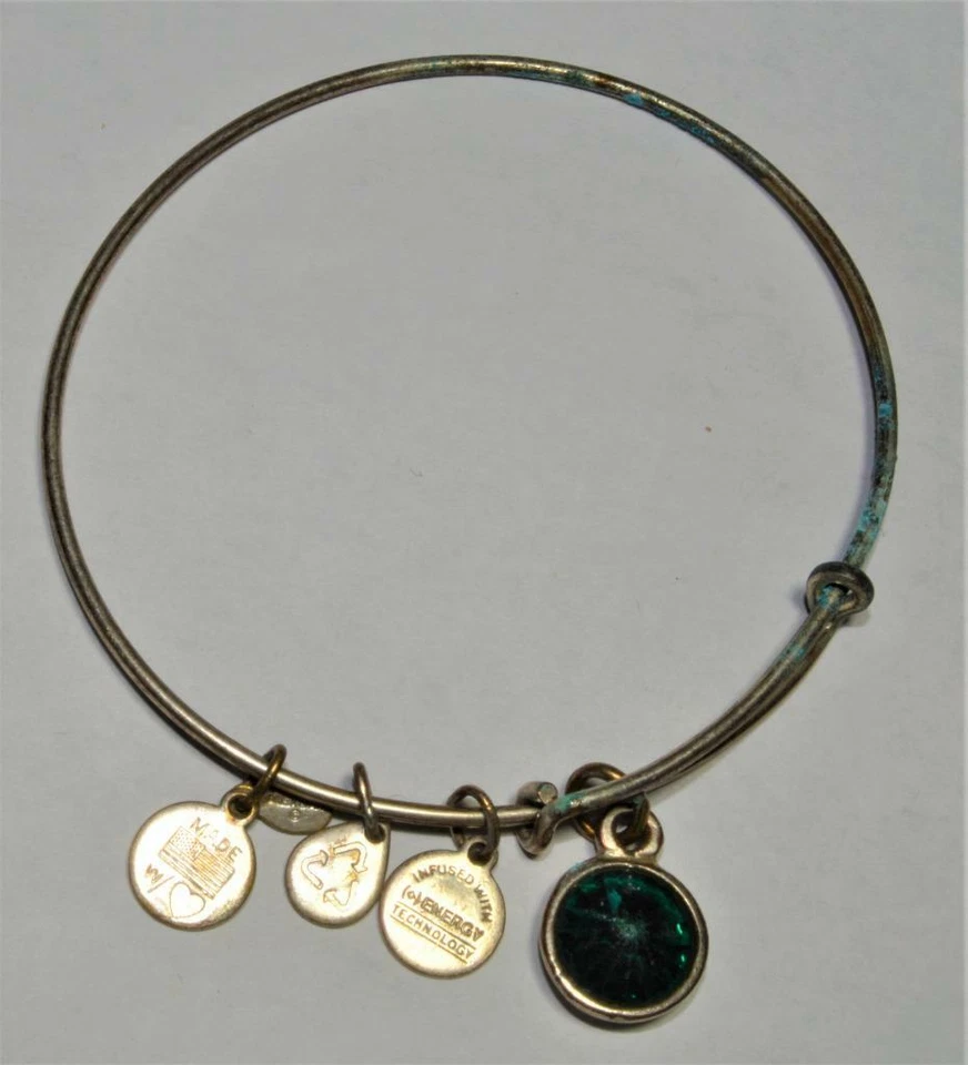 Vintage Alex & Ani Silberfarben Hängende Charms Grün Strass Erweiterbares - Bild 1 von 2