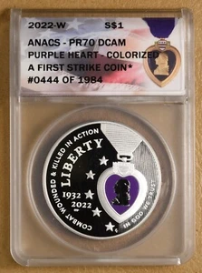 2022 Purple Heart Colorized Commemorative Silver Dollar ANACS PR70DCAM - Picture 1 of 2