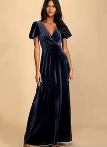 Lulus Absolutely Amazed dunkelblau Samt Flatterärmel Maxikleid neu mit Etikett Gr. Small - Bild 1 von 11