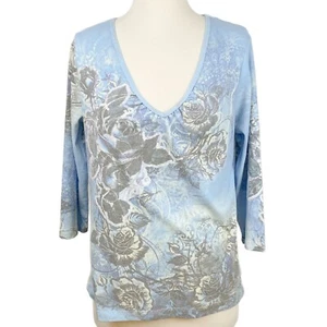 SUZEE T Top donna blu manica 3/4 scollo a V floreale taglia large - Foto 1 di 4