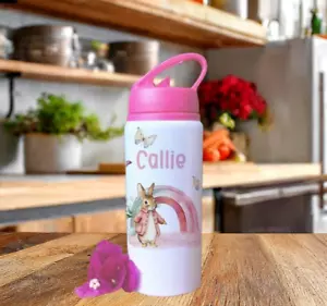 Personalisierte rosa Häschen Trinkflasche, Kaninchenmotiv Schulanfang Artikel, - Bild 1 von 2