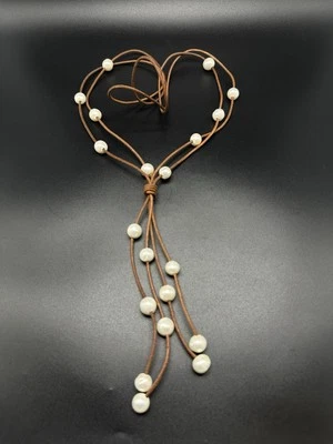 Natural White Freshwater Pearl Brown Leather Rope Necklace Long 30” - Image 1 of 4