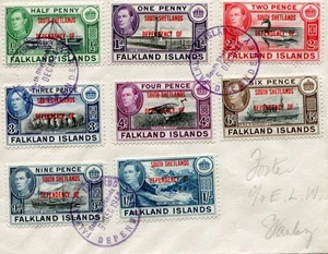 FALKLAND ILSANDS DEPS 1944-45 OVPTS A1/D8 SET OF (32) FINE USED ON FOUR COVERS - Picture 1 of 4