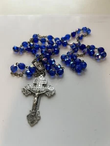 Vintage Pardon Confession Kruzifix blau Aurora Borealis Glasperlen Rosenkranz ITALIEN - Bild 1 von 10