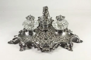 1859 Old Sheffield Silver Ornate Inkwell & Vesta Matches Case Set w Bear - Picture 1 of 24