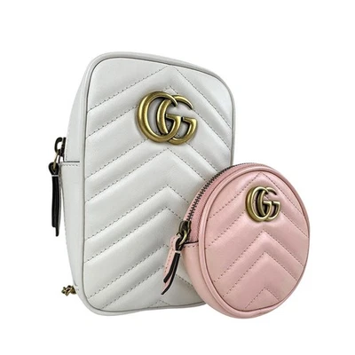 Подлинный GUCCI GG Marmont цепочка мешок сумочки белый/розовый кожаный/золотистый z4529 - Изображение 1 из 4