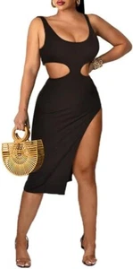 Bodycon-Tankkleid Damen Sommer ausgeschnitten hoher Schlitz ärmellos Party Club schwarz XL - Bild 1 von 2