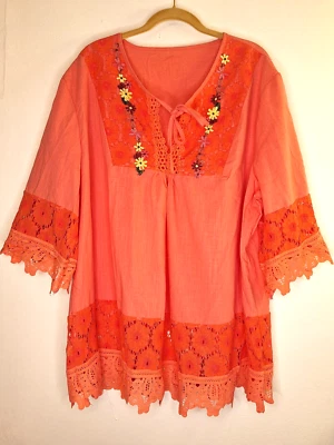 Women's Linen Blend Blouse Plus Sz 3x Boho Hippie Floral Embroidered Lace Trim - Image 1 of 4