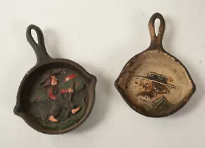 Pair Small Amish Frying Pan Ashtrays (B7A) Cast Iron (JSF6) Man Walking w/Hat - Picture 1 of 5