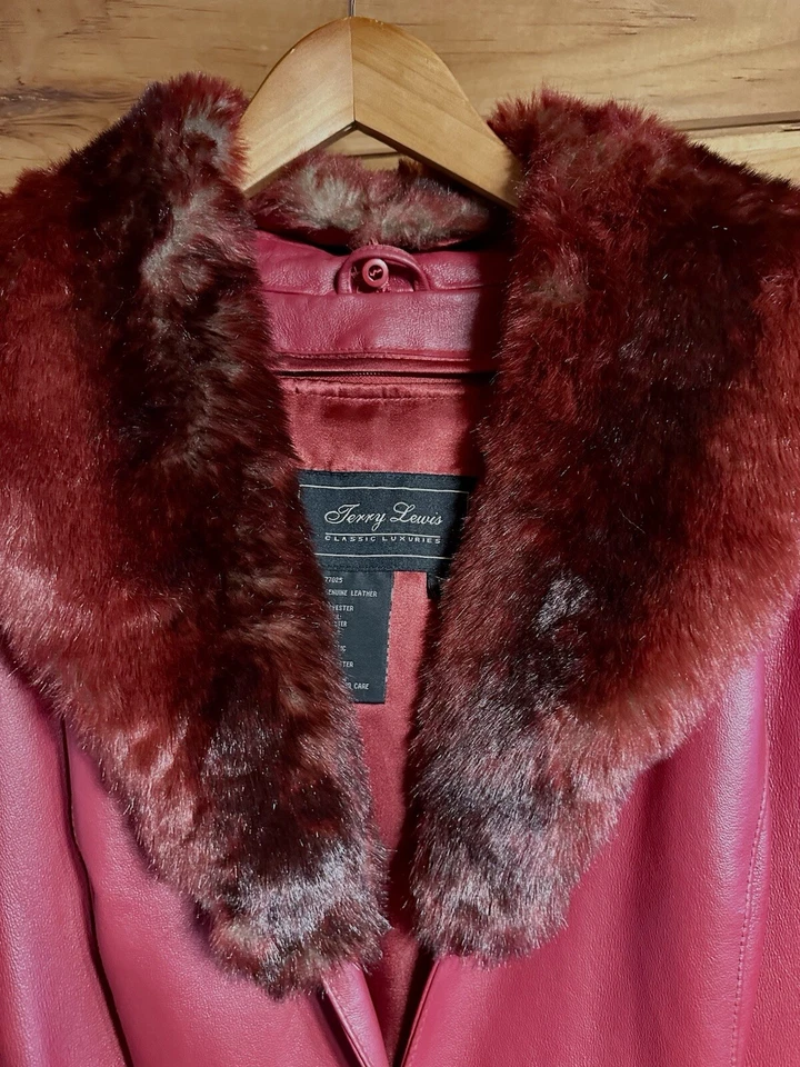 Vintage Terry Lewis Classic Luxuries Women’s RED Full Leather Coat Faux Fur Sz M - Image 1 of 4