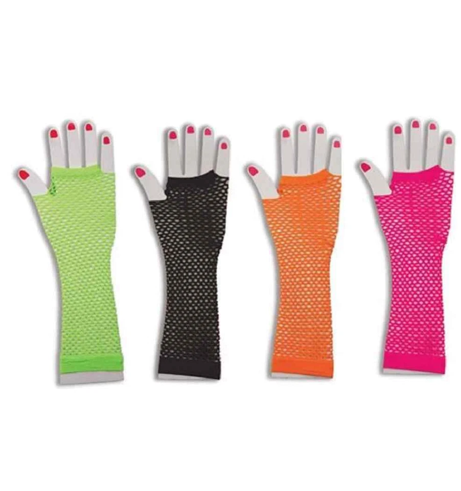 Guantes Largos de Rejilla Sin Dedos Neón Años 80 Halloween Disfraz Accesorio 4 COLORES Foto 1 de 1