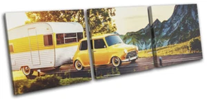 Vintage Yellow Car Caravan Landscapes TREBLE CANVAS WALL ART Picture Print - Picture 1 of 1