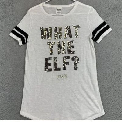 Victorias Secret Pink T-Shirt Womens White Small Gold Sequin What The Elf Tee - Image 1 of 4
