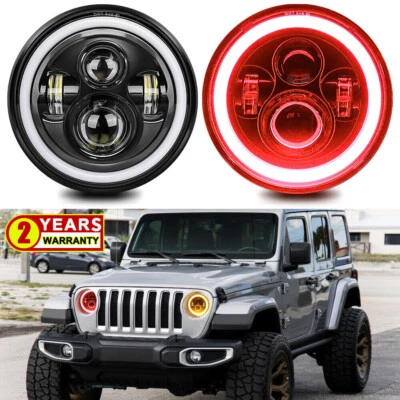 Pair 7" Inch Round LED Headlights Red Angle Eyes For Jeep Wrangler JK LJ TJ CJ - Image 1 of 4