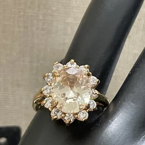 Yellow Tourmaline and Crystal Ring Stunning Sparkle Gold 12mm Oval Stone Sz 7.75 - Picture 1 of 12