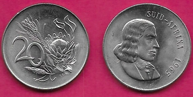 SOUTH AFRICA REP 20 CENTS 1965 UNC SUID-AFRIKA,PROTEA FLOWER WITHIN SPRIGS,VALUE - Image 1 of 1