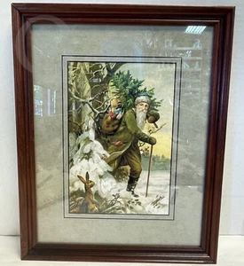 Vintage * Volkskunst * gerahmter Weihnachtsmann mit Rohr Wandbild * 16,5" x 13" * 24256J S87 - Bild 1 von 9